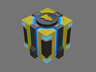 Futuristic Art Installation With Cube Structure Yellow Triangular Symbol And Blue Glowing Lines 3d model