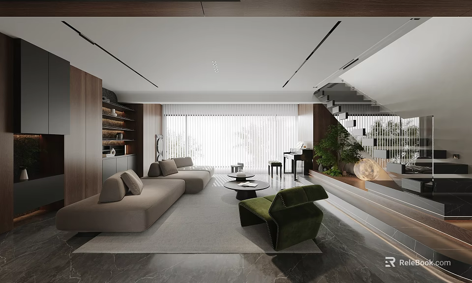 Modern Luxury Open Plan Living And Dining Room With Comfortable Sofa And Warm Wood Decor 3d model 