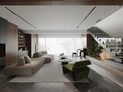 Modern Luxury Open Plan Living And Dining Room With Comfortable Sofa And Warm Wood Decor 3d model