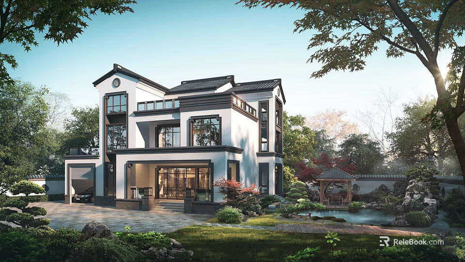 Traditional Chinese Detached Villa Exterior With White Walls Black Tiles And Garden Pond 3d model 