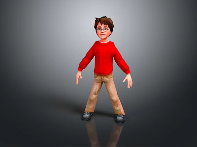 Man with red sweater khaki pants black shoes and glasses standing against gray background reflection 3d model