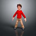 Man with red sweater khaki pants black shoes and glasses standing against gray background reflection