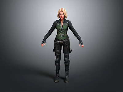 3D Model Of Blonde Female Warrior Character In Green Bodysuit And Black Gear 3d model