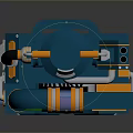 Blue Mechanical Toy Model Tower Featuring Red Circular Component And Green Yellow Details