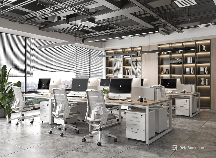 Modern Public Office Space Interior With Office Desks Computers And Ergonomic Chairs 3d model