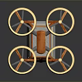 Modern Orange Cube Drone With Four Gold Propellers And Transparent Cabin