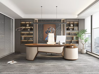 Modern Office Interior with Stylish Desk Computer Shelves Decorative Painting Plant Large Windows and Carpet 3d model