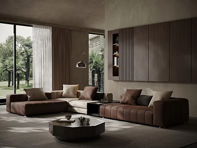 Modern Living Room Interior With Brown Sofa and Round Coffee Table Set 3d model