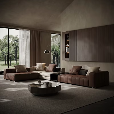Modern Living Room Interior With Brown Sofa and Round Coffee Table Set 3d model