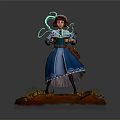 Witch In Blue Dress Holding Book With Glowing Magic And Forest Creature On Autumn Leaves
