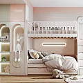 Pastel Kids Room Interior with Bunk Bed Shelves Rabbit Plush Toys Desk and Pendant Lights