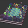 Cartoon 3D Scene With Checkerboard Layout Purple Blocks Green Cacti And Colorful Towers