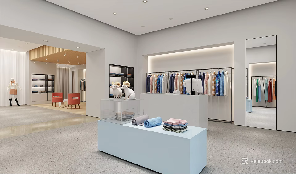 Modern Clothing Store Interior Design With Clothing Racks Mannequins And Display Counter 3d model 