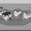 Technology Exhibition Hall Displaying Spacecraft Models On White Stands With Transparent Barriers