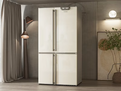 White French Door Refrigerator in Modern Interior with Curtains Floor Lamp and Decorative Plants 3d model