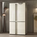 White French Door Refrigerator in Modern Interior with Curtains Floor Lamp and Decorative Plants