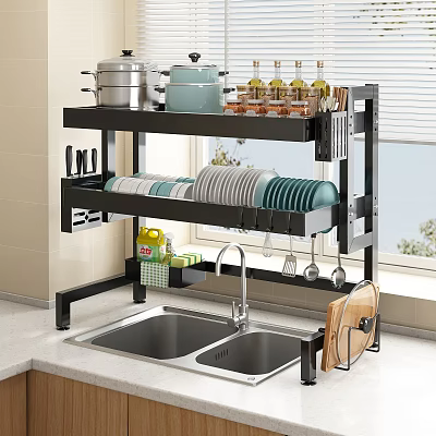 Black Double Layer Kitchen Rack Above Sink With Pots Dishes Knives And Utensils 3d model