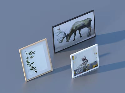 Various Photo Frames with Plant Design Deer Image and Cat Photo in Light Dark White Borders 3d model