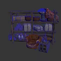 Rustic Wooden Storage Rack With Baskets Sacks Cloth Leather Chair And Wooden Chest