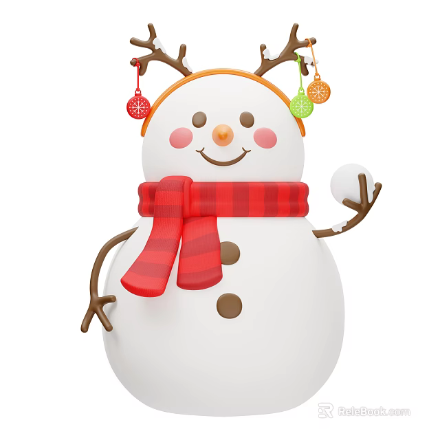 Children's Smiling Snowman with Antlers Colorful Decorations Red Black Checkered Scarf and Holding Snowball 3d model 