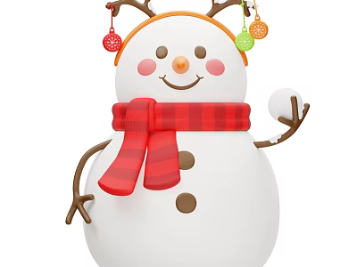 Children's Smiling Snowman with Antlers Colorful Decorations Red Black Checkered Scarf and Holding Snowball 3d model