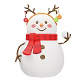 Children's Smiling Snowman with Antlers Colorful Decorations Red Black Checkered Scarf and Holding Snowball