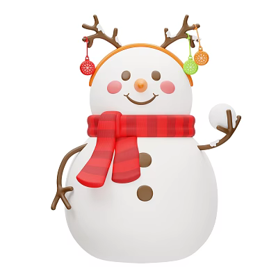 Children's Smiling Snowman with Antlers Colorful Decorations Red Black Checkered Scarf and Holding Snowball 3d model