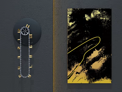Black Circular Wall Hanging With Golden Gear Chain And Modern Art Decor 3d model