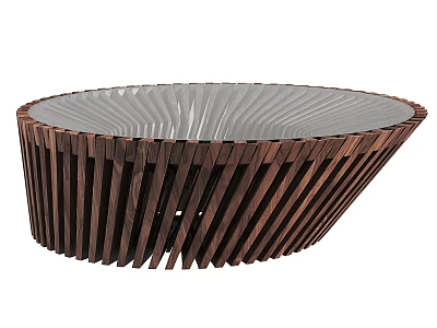 Stylish Round Coffee Table With Dark Brown Wooden Slat Design And Smooth Top 3d model
