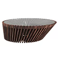 Stylish Round Coffee Table With Dark Brown Wooden Slat Design And Smooth Top