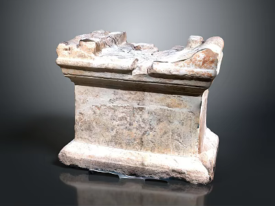 Ancient Stone Architectural Component With Weathered Surface And Carved Patterns Displayed On Reflective Base 3d model