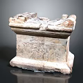 Ancient Stone Architectural Component With Weathered Surface And Carved Patterns Displayed On Reflective Base 3d model