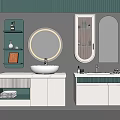 Modern Double Bathroom Vanity With Green White Cabinet Round Illuminated Mirror And Storage