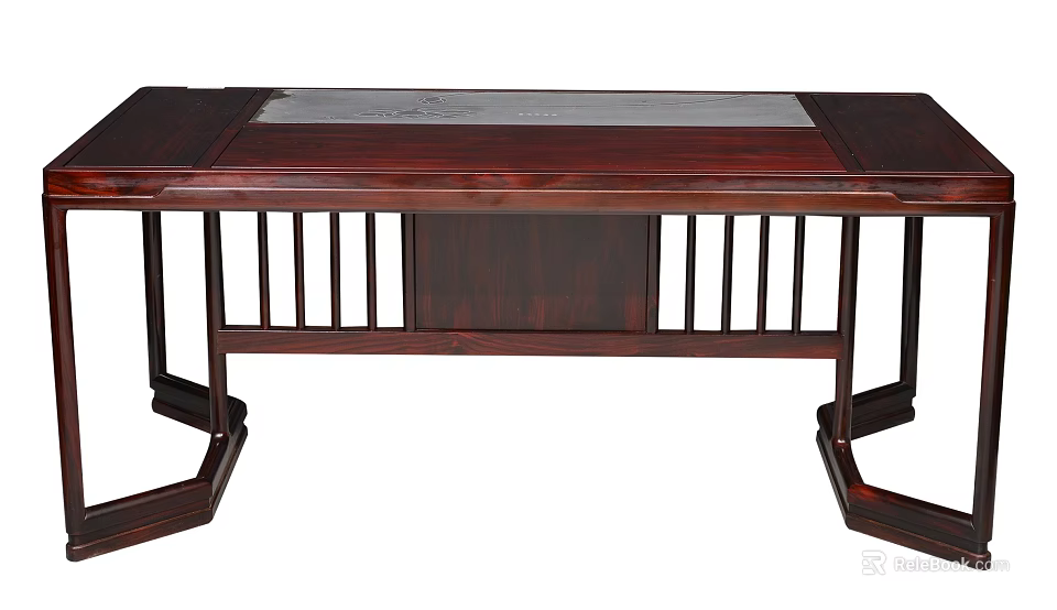 Dark Wooden Tea Table With Stone Panel Top And Railing Design Drawer 3d model