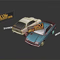 Vintage White And Blue Cars With L'Oie 1976 Logo And DRIVE Theme