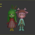 Two Cartoon Characters With Rabbit Ear Headband Antler Hat Striped Dress And Overalls