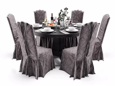Round Dining Table Set With Six Gray Upholstered Chairs Tableware And Floral Decor 3d model