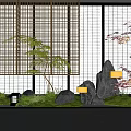 Japanese Style Indoor Landscape With Bamboo Screens Moss Covered Rocks Water Pond And Stone Lanterns