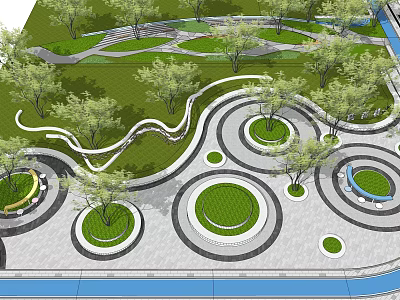 Scenic Park Landscape With Curved Pathways Green Lawns Trees And Circular Paved Areas 3d model