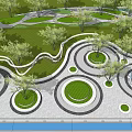 Scenic Park Landscape With Curved Pathways Green Lawns Trees And Circular Paved Areas