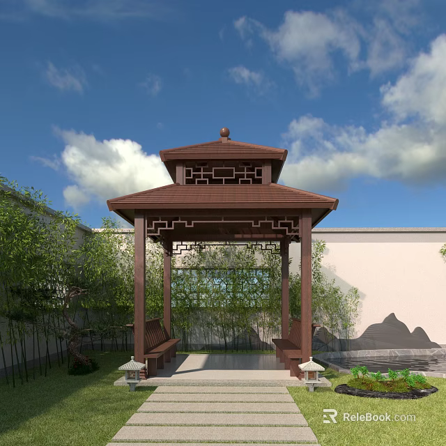Traditional Chinese Pavilion With Brown Roof Carved Patterns Green Bamboo And Benches 3d model 