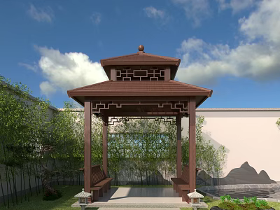 Traditional Chinese Pavilion With Brown Roof Carved Patterns Green Bamboo And Benches 3d model