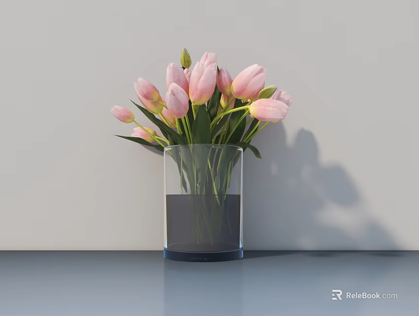 Transparent Glass Vase With Pink Tulips Green Leaves And Water On Smooth Surface 3d model 