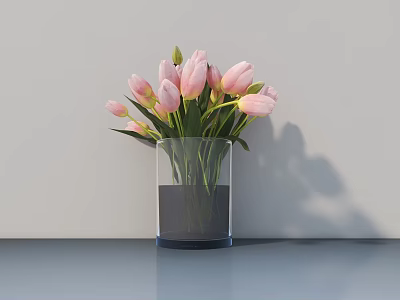 Transparent Glass Vase With Pink Tulips Green Leaves And Water On Smooth Surface 3d model