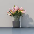 Transparent Glass Vase With Pink Tulips Green Leaves And Water On Smooth Surface