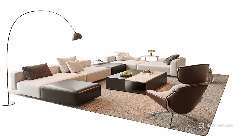 Modern Sofa and Coffee Table Set With Cushions Wooden Top Accent Chair and Floor Lamp 3d model 