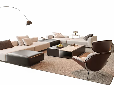 Modern Sofa and Coffee Table Set With Cushions Wooden Top Accent Chair and Floor Lamp 3d model