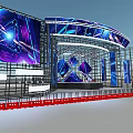 Futuristic Event Stage With Large Screens Blue Purple Lighting Metal Frames And Central Platform Design