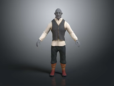 Game Movie Character With Gray Skin Bald Head White Shirt Dark Vest And Red Boots 3d model