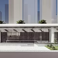 Modern Sales Office Building With Glass Curtain Wall Water Feature And Greenery Design
